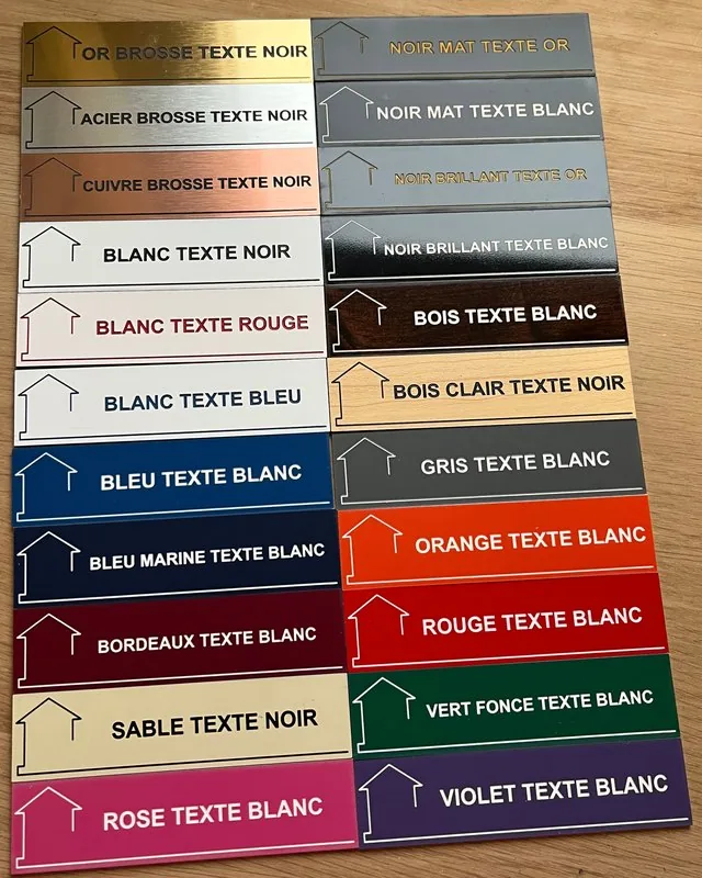 Nuancier des 22 coloris de plaques de boîte aux lettres gravées au laser par Jymm