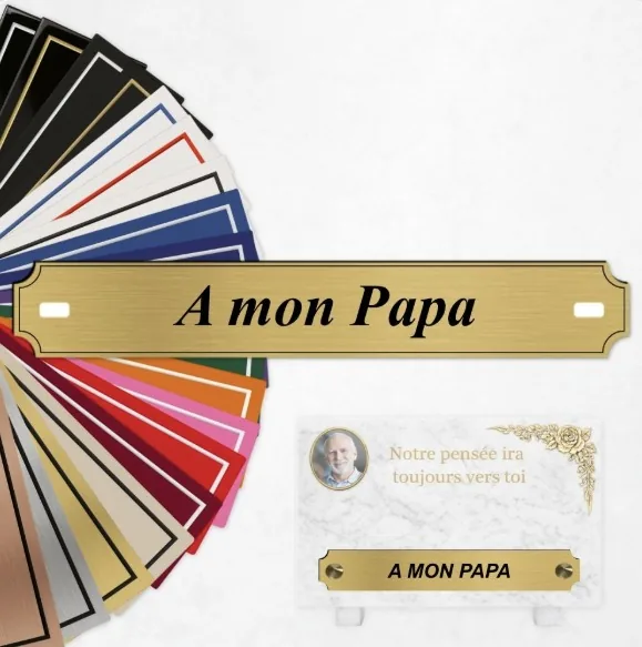 Inter funéraire « A mon Papa » et plaque funéraire en marbre avec photo, gravées par Jymm, avec nuancier de coloris