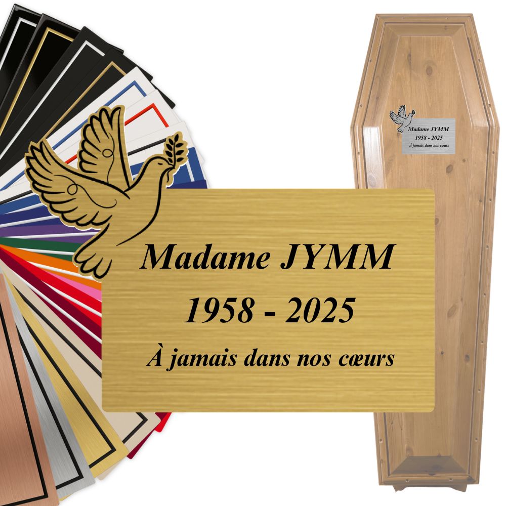 Plaque d'identité cercueil personnalisée avec motif – PVC 1,6mm – 7,5x10 ou 11,3x15 ou 15x20cm