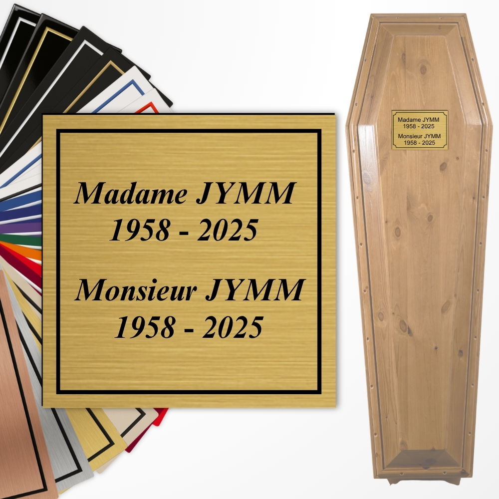 Plaque d'identité cercueil personnalisée adhésif PVC – 10x10 ou 15x10 cm