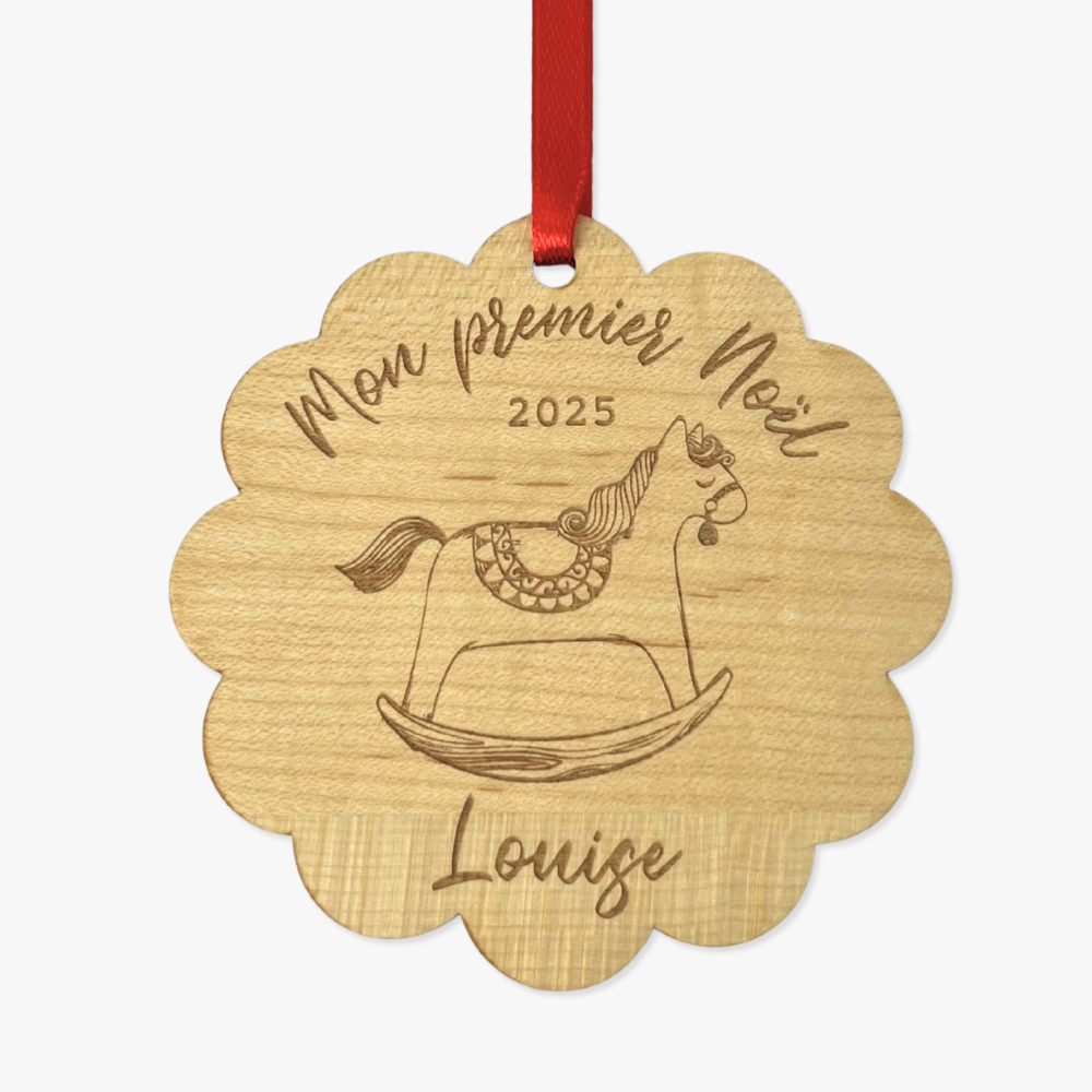 Boule Mon premier Noël vintage personnalisée en bois - 9 cm