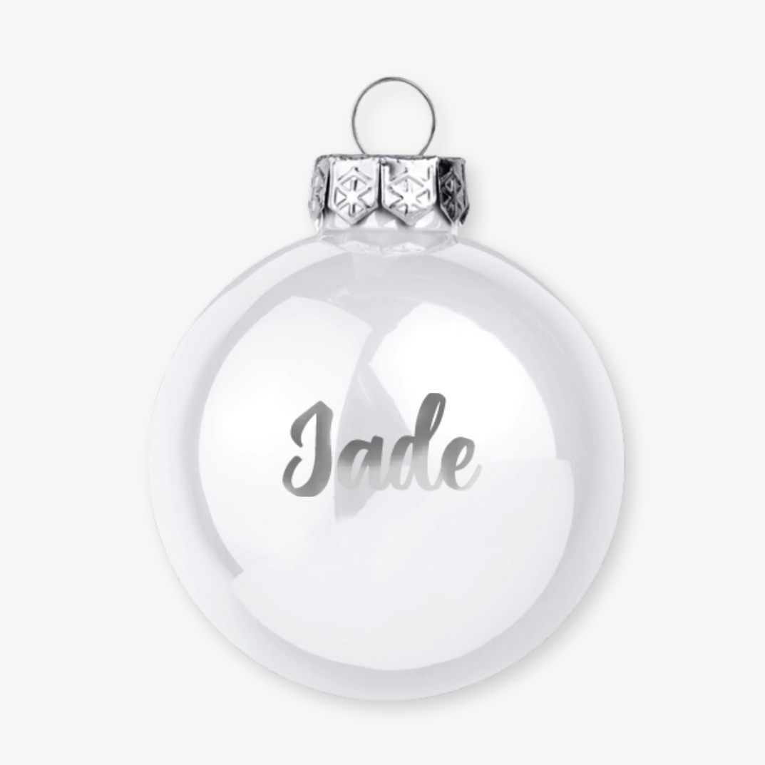 Boule de Noël en verre blanc brillant personnalisée - 8 cm